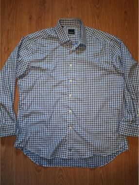David Donahue Shirt 17.5-34/35 XL Blue Check Herringbone